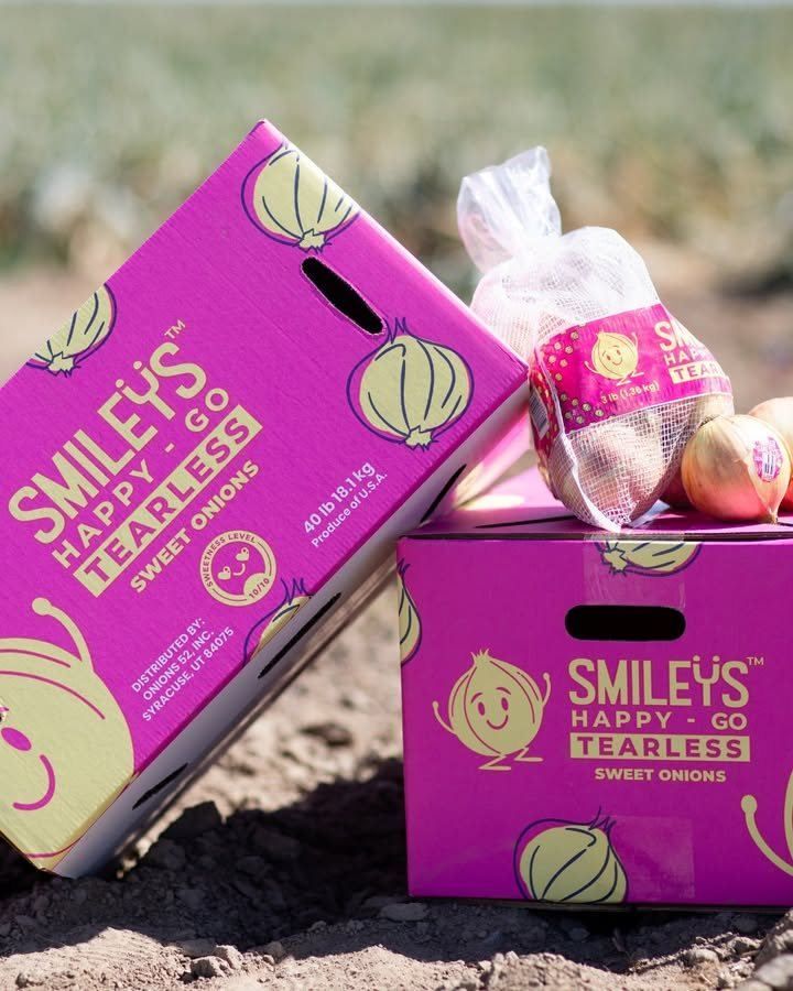 Smileys cartons and a bag in an onion field